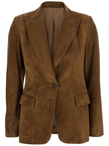 Beige Single-Breasted Blazer Jacket With Pointed Lapels In Suede Woman - BRUNELLO CUCINELLI - BALAAN 1