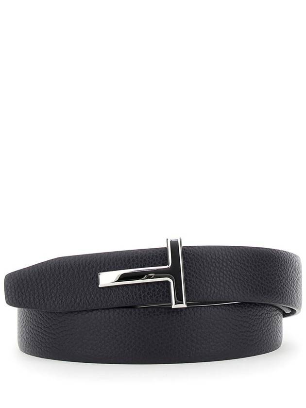 Silver Hardware T Logo Reversible Leather Belt Dark Navy - TOM FORD - BALAAN 2