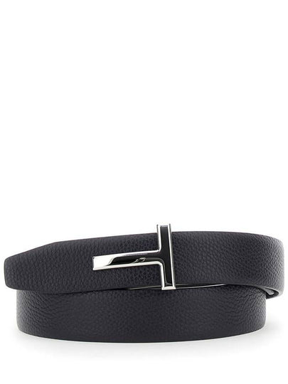 Silver Hardware T Logo Reversible Leather Belt Dark Navy - TOM FORD - BALAAN 2