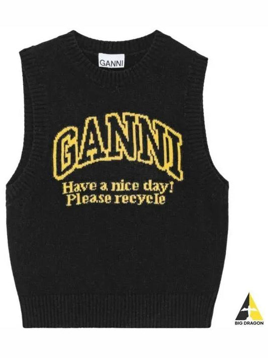 Intarsia Graphic Crewneck Vest Black - GANNI - BALAAN 2