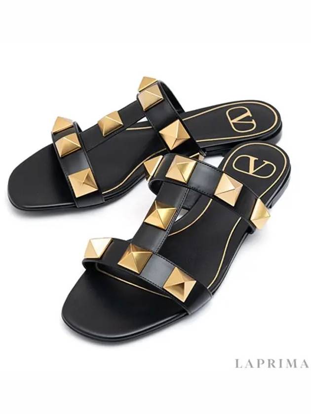 Women's Leather Roman Studded Flat Slippers Black - VALENTINO - BALAAN 4