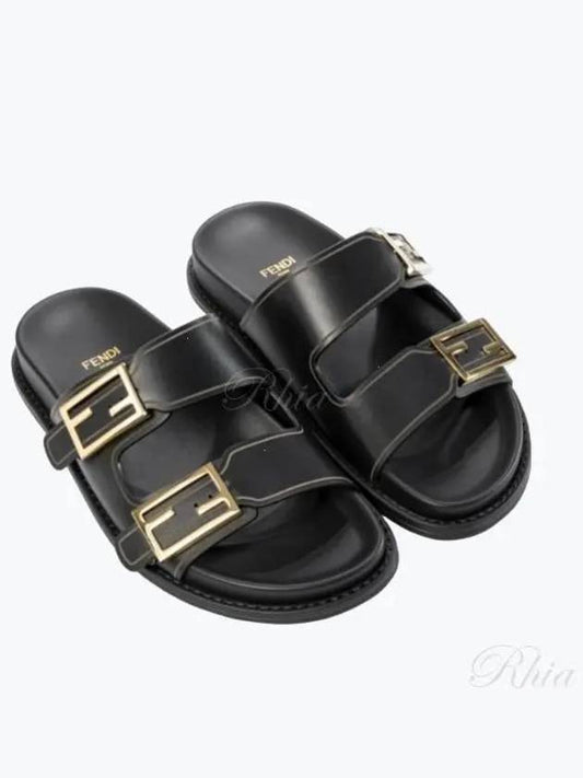 Women's FF Leather Fill Flat Sandals Slippers Black - FENDI - BALAAN 2