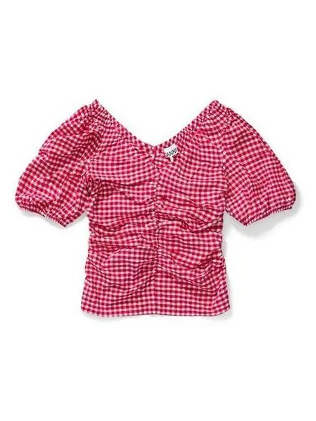 Women s Seersucker V neck Check Shirring Blouse Red F7664 - GANNI - BALAAN 1