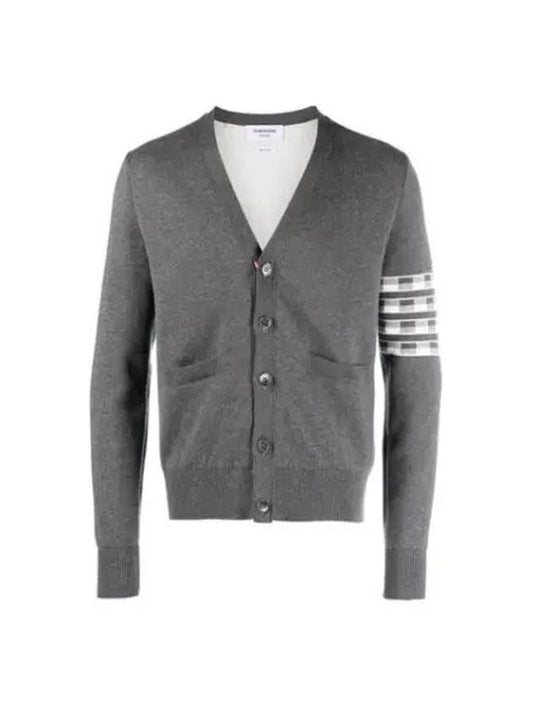 4-Bar V-Neck Hector Jacquard Cotton Cardigan Grey - THOM BROWNE - BALAAN 2