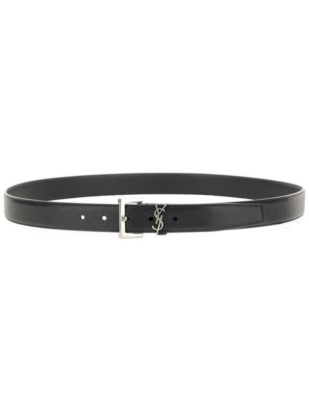 Grained Leather Silver Monogram Belt Black - SAINT LAURENT - BALAAN 2