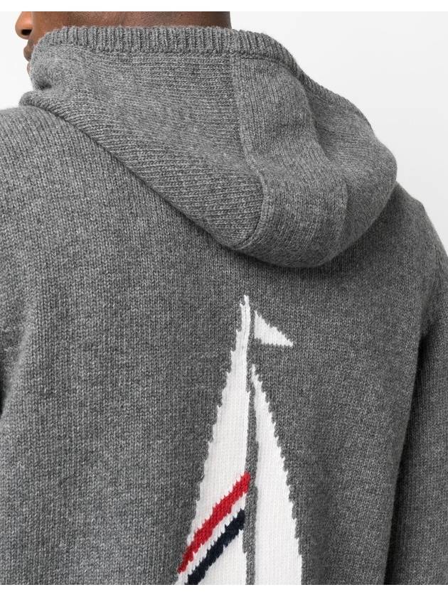 Men's Intarsia 4 Bar Merino Jersey Hooded Zip Up Medium Grey - THOM BROWNE - BALAAN 5