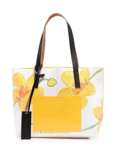 Orchid Print Logo Tag Tote Bag Yellow - MARNI - BALAAN 1