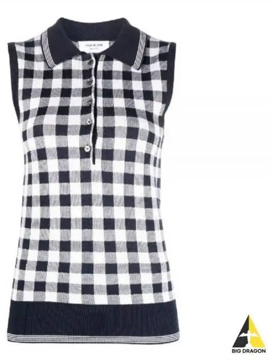 Gingham Silk Jacquard 4 Bar Polo Sleeveless Cardigan Navy - THOM BROWNE - BALAAN 2