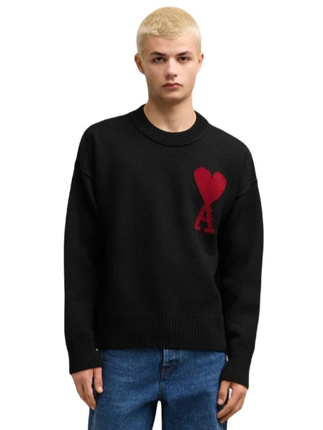 Intarsia Big Heart Logo Wool Knit Top Black - AMI - BALAAN 3