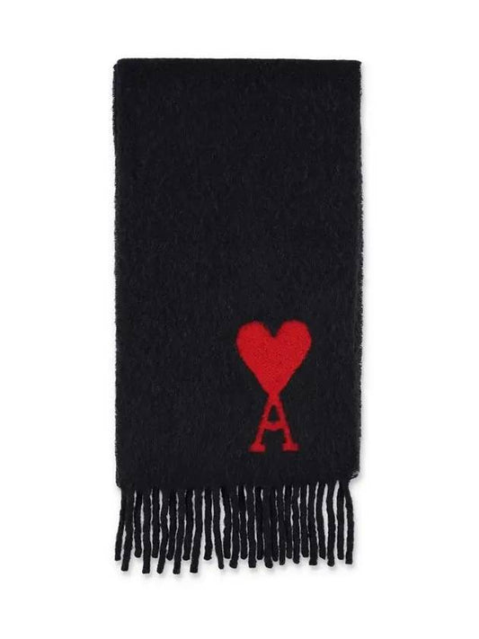 Heart Logo Oversized Wool Fringe Scarf Black - AMI - BALAAN 2