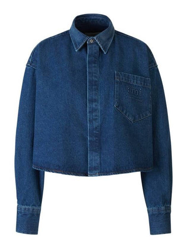 Embroidered Logo Cropped Denim Long Sleeve Shirt Blue - AMI - BALAAN 1