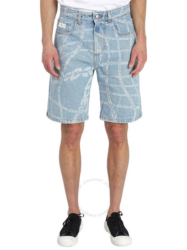 GCDS Men's New Light Blue Chain-print Denim Shorts, Wiast Size 34" - GCDS - BALAAN 1