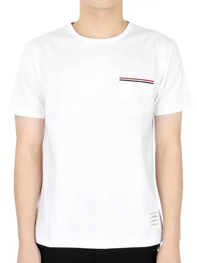 Men's Medium Weight Jersey Tipped Pocket Crewneck Short Sleeve T-Shirt White - THOM BROWNE - BALAAN 3