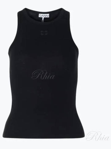 Logo Patch Cotton Rib Tank Top Black T3898 - GANNI - BALAAN 1