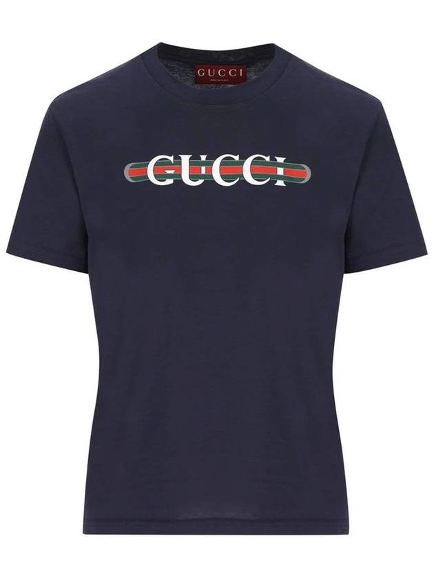 Web Print Cotton Short Sleeve T-Shirt Navy - GUCCI - BALAAN 2