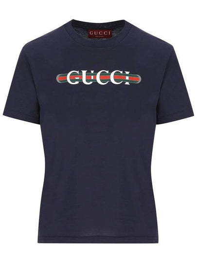 Web Print Cotton Short Sleeve T-Shirt Navy - GUCCI - BALAAN 2