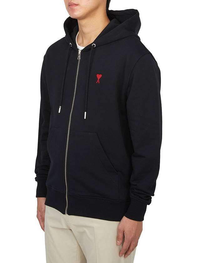 Heart Logo Drawstring Cotton Zip-Up Hoodie Black - AMI - BALAAN 4