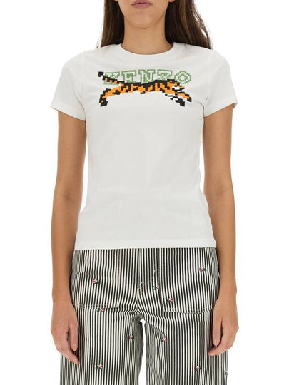 Women's Tiger Logo Pixel Short Sleeves T-Shirt White - KENZO - BALAAN 2