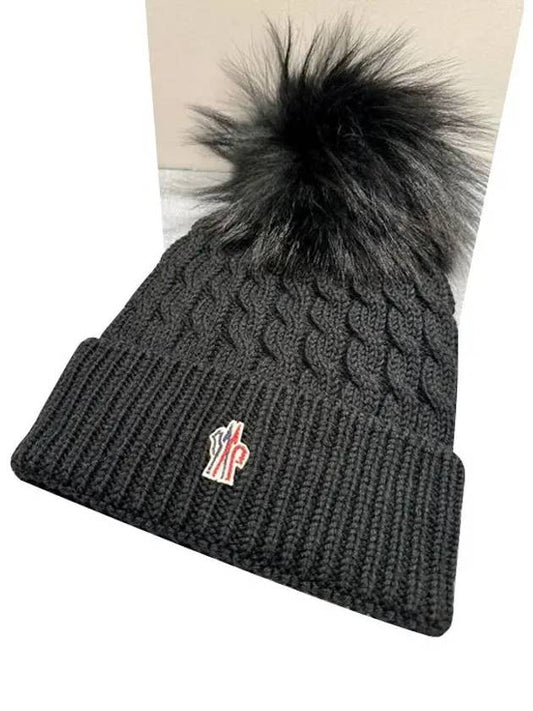 Grenoble Logo Patch Pom Pom Beanie Black - MONCLER - BALAAN.