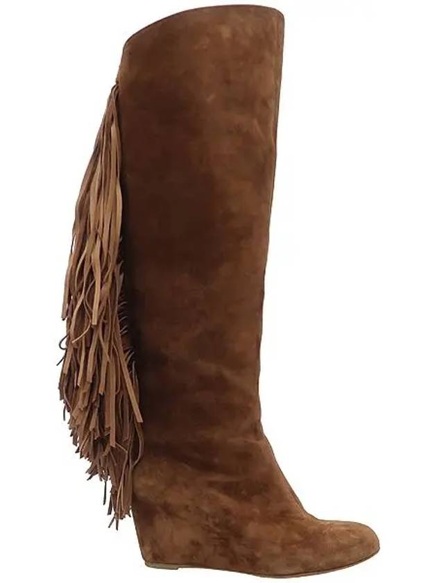 Dark brown suede wedge tassel detail women s long boots - CHRISTIAN LOUBOUTIN - BALAAN 4