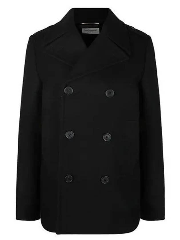 Women's Double Breasted Wool Peacoat Black - SAINT LAURENT - BALAAN 2