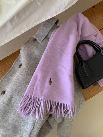 Men Women Multi Pony Logo Embroidered Fringe Virgin Wool 100 Muffler Flower Purple PC1047 505 - POLO RALPH LAUREN - BALAAN 1