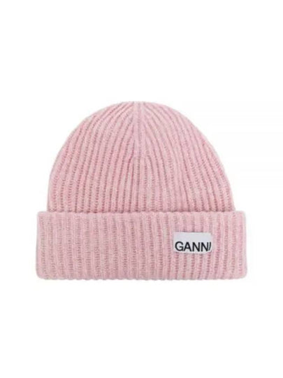 Logo Patch Knit Beanie Pink - GANNI - BALAAN 2