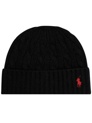 Pony Logo Embroidered Cable Beanie Black 449891274 001 - POLO RALPH LAUREN - BALAAN 1