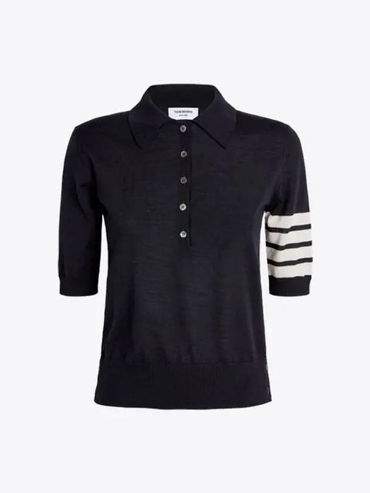 Women's Diagonal Striped Relaxed Fit Wool Polo Shirt Navy - THOM BROWNE - BALAAN 2