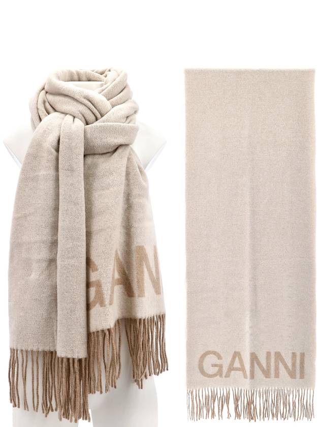 Logo Print Fringe Wool Muffler Beige - GANNI - BALAAN 2