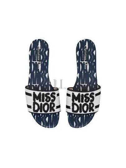 Dway Miss Dior Allover Motif Embroidered Cotton Slippers Deep Blue - DIOR - BALAAN 2