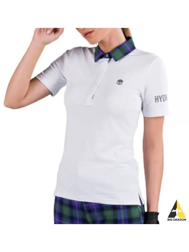 Women's Golf Logo Tech Tartan Neck Short Sleeve PK Shirt White - HYDROGEN - BALAAN 2