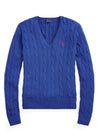 V Neck Embroidered Pony Cable Sweater Blue - POLO RALPH LAUREN - BALAAN 1