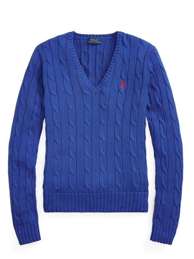 V Neck Embroidered Pony Cable Sweater Blue - POLO RALPH LAUREN - BALAAN 1