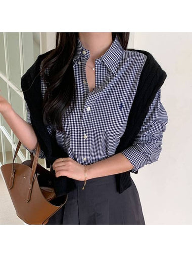 Men Women Logo Gingham Check Long Sleeve Shirt Navy 710929342002 - POLO RALPH LAUREN - BALAAN 1