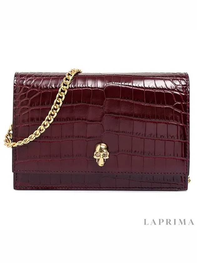 Gold Plated Skull Crocodile Leather Mini Shoulder Bag Burgundy - ALEXANDER MCQUEEN - BALAAN.