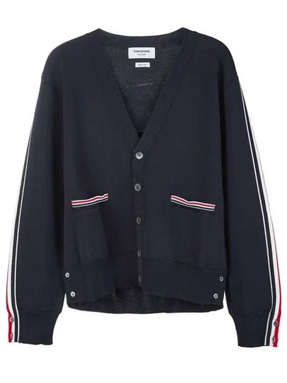 Men's Navy Side Intarsia Milano Stitch Wool Cardigan Navy - THOM BROWNE - BALAAN 2