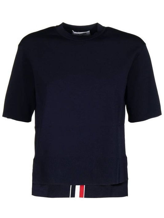 Three Stripes Back Viscose Short Sleeve T-Shirt Navy - THOM BROWNE - BALAAN 1