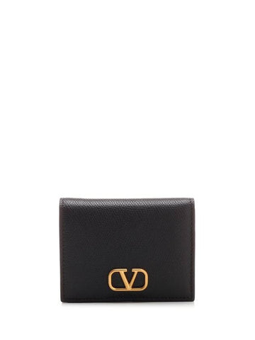 Compact V Logo Signature Calfskin Half Wallet Black - VALENTINO - BALAAN 1