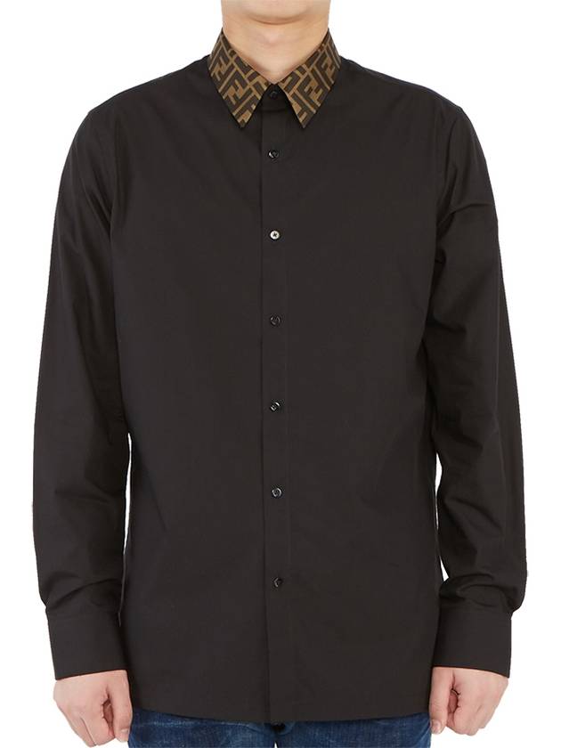 FF Jacquard Collar Slim Fit Poplin Long Sleeve Shirt Black - FENDI - BALAAN 1