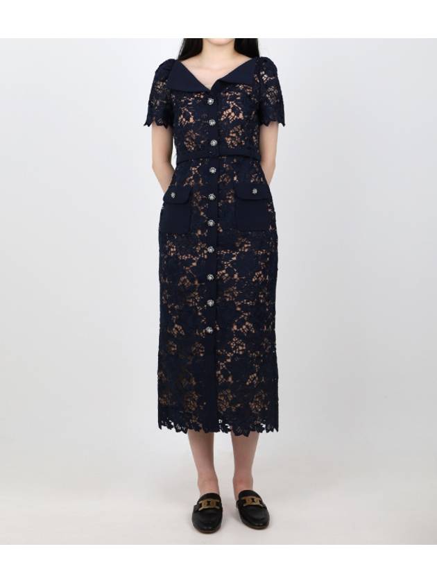 Navy lace open neck midi dress - SELF PORTRAIT - BALAAN 2