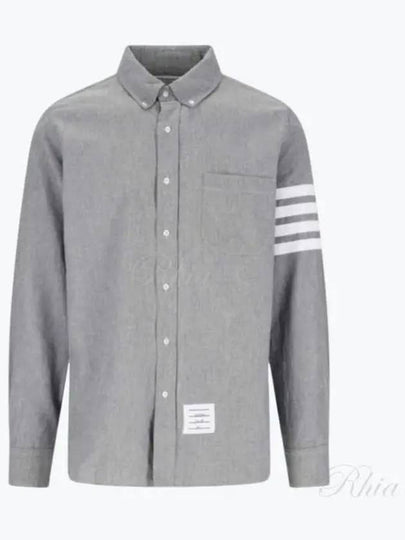 Men's Diagonal Shambray Print Nametag Straight Fit Long Sleeve Shirt Medium Grey - THOM BROWNE - BALAAN 2