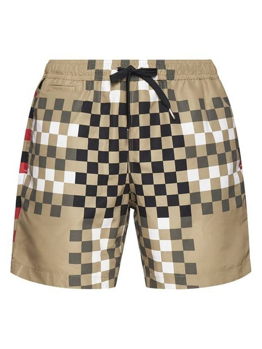 Men's Check Print Drawcord Swim Shorts Beige - BURBERRY - BALAAN 1