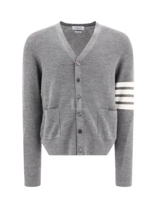 4-Bar Striped Waffle High V-Neck Cardigan Light Grey - THOM BROWNE - BALAAN 2