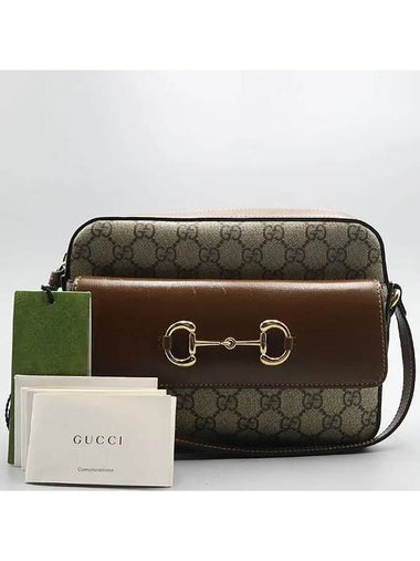 645454 Brown Leather Beige Ebony Canvas Horsebit 1955 Small Shoulder Bag - GUCCI - BALAAN 1