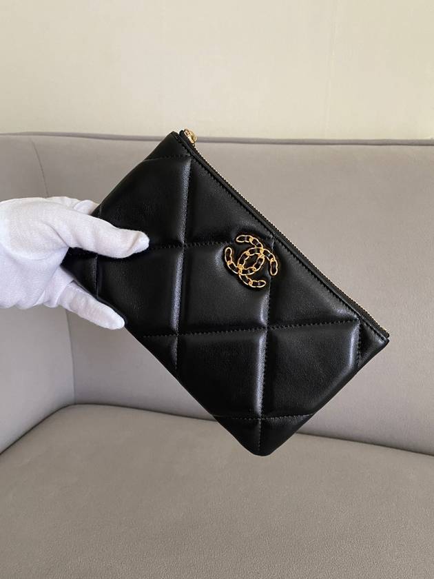 Nineteen Gold Logo Small Lambskin Pouch Bag Black - CHANEL - BALAAN 10