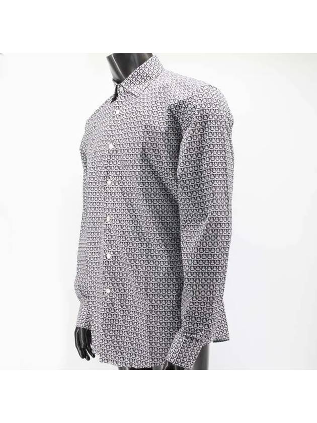 All Over Gancini Pattern Print Cotton Long Sleeve Shirt White Navy - SALVATORE FERRAGAMO - BALAAN 4