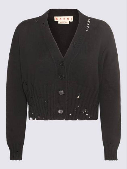 Embroidered Logo Distressed V-Neck Crop Cardigan Black - MARNI - BALAAN 2