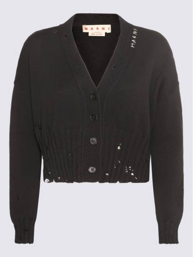 Embroidered Logo Distressed V-Neck Crop Cardigan Black - MARNI - BALAAN 2