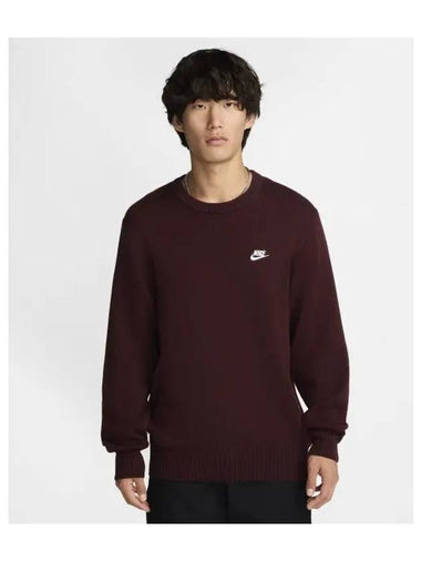 Club Crewneck Sweater M Burgundy Crush White FQ2913 652 - NIKE - BALAAN 1